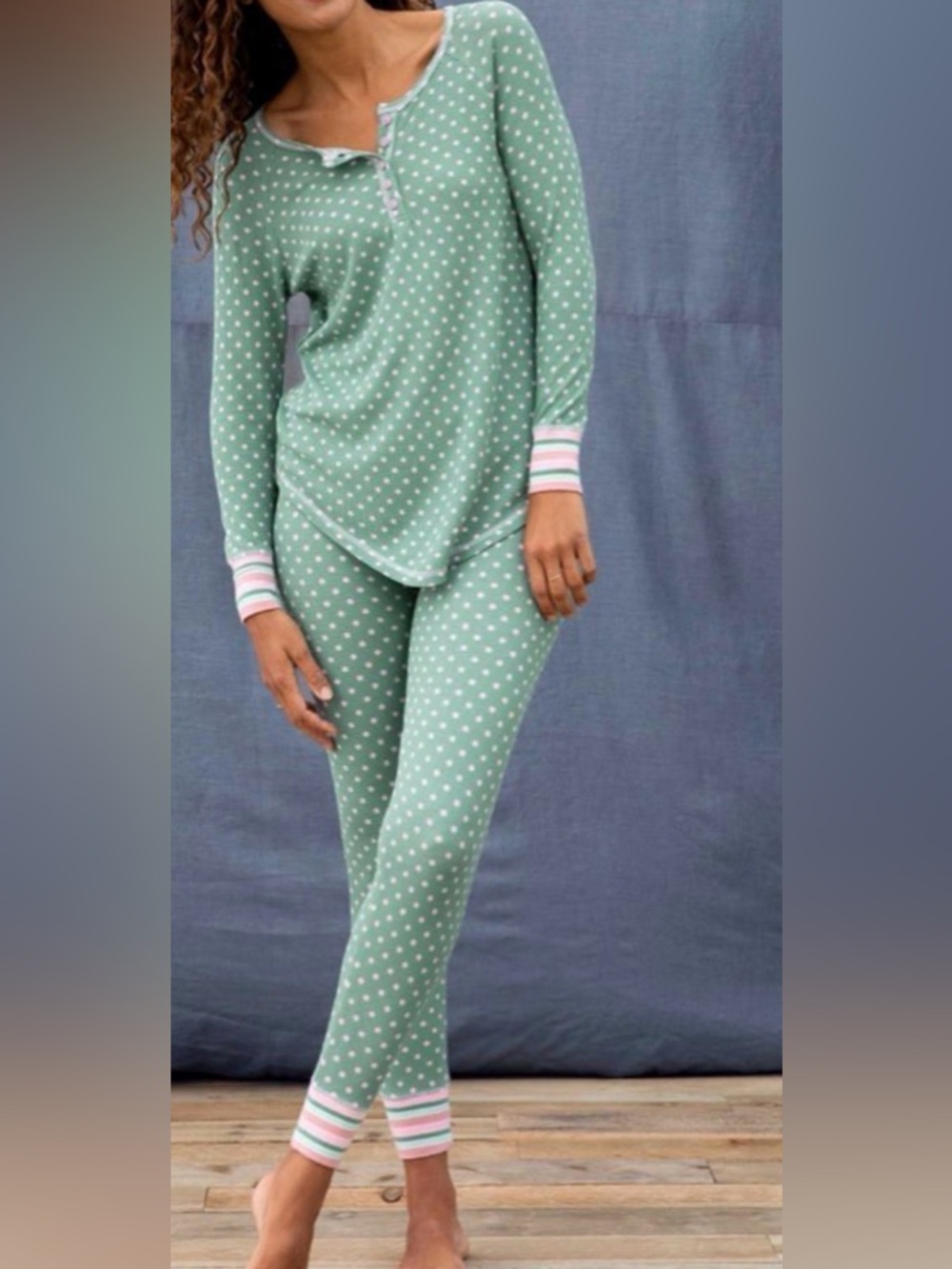 Matilda Jane Poppy Women Small Green Pink Polka dot Thermal pajama SET sleepwear